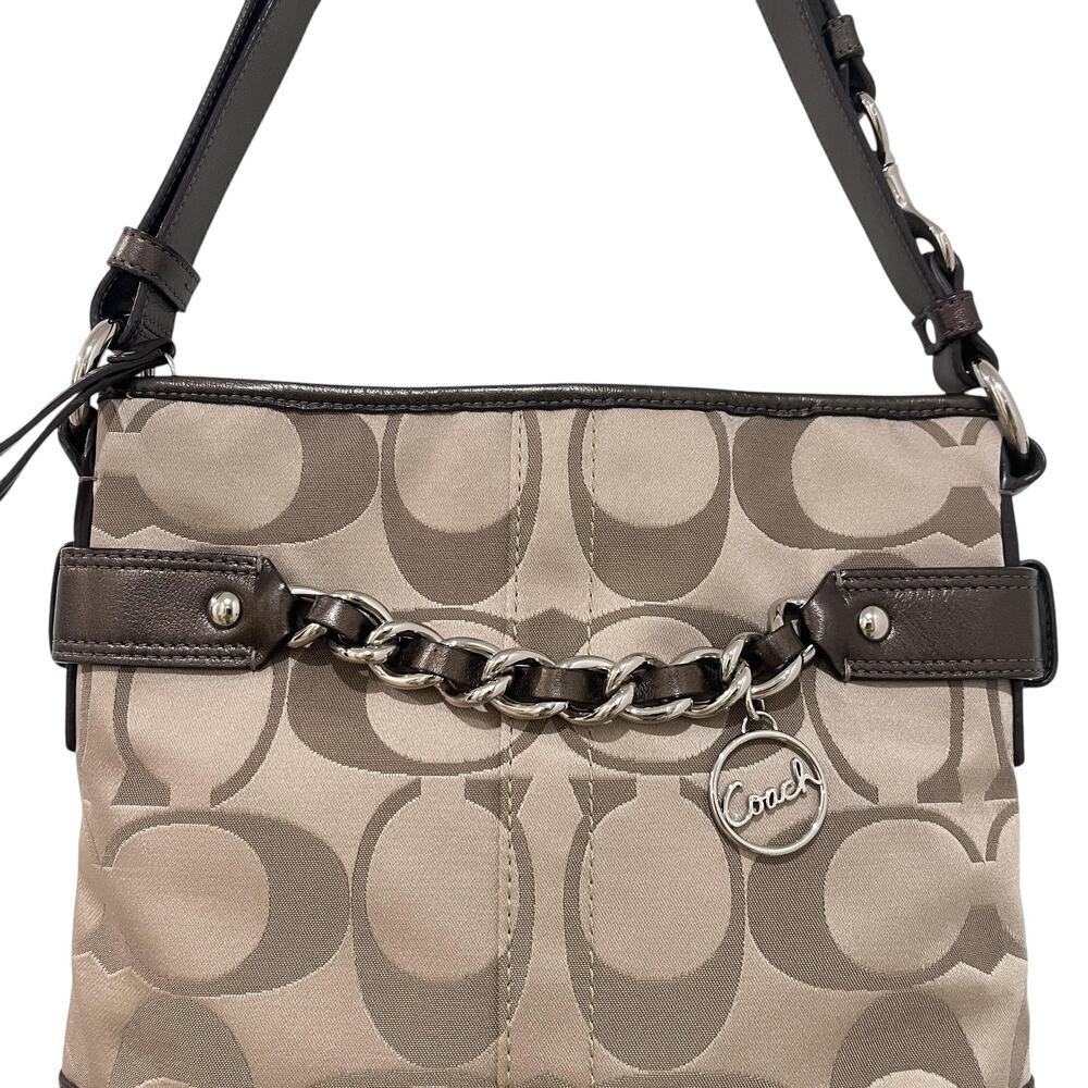 Coach Signature Crossbody Shoulder Bag Womens Brown Khaki Chain Leather Trim - Picture 4 of 12